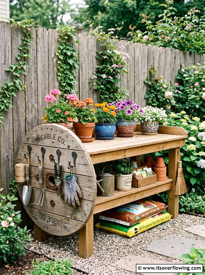 Outdoor potting bench - 25 recycled garden ideas with cable spools