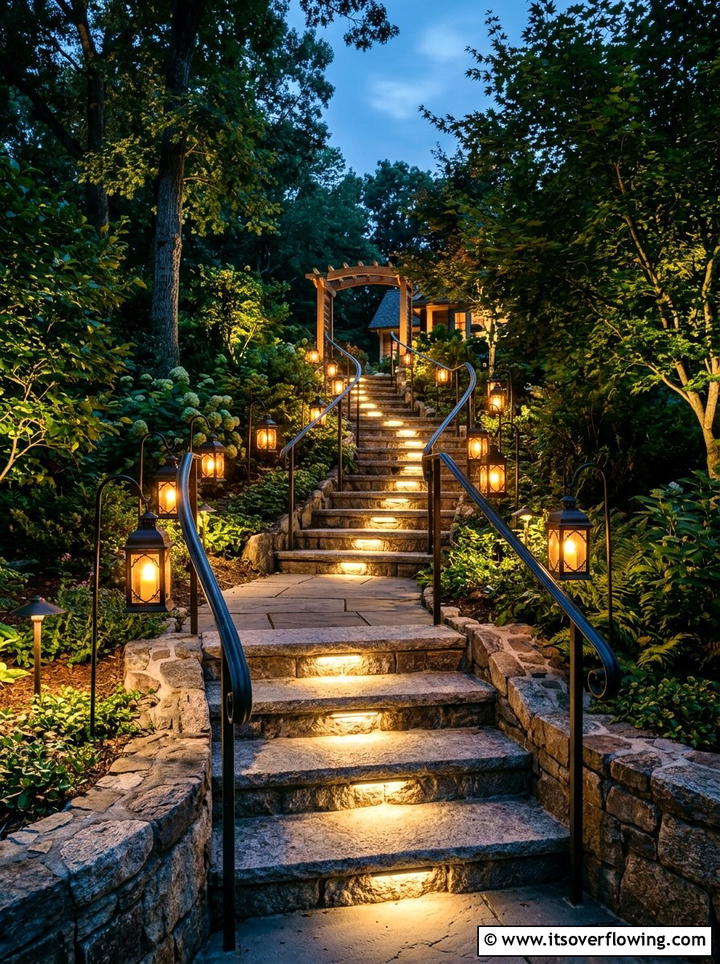 Outdoor stair lighting - 25 backyard decorating ideas with hanging lights