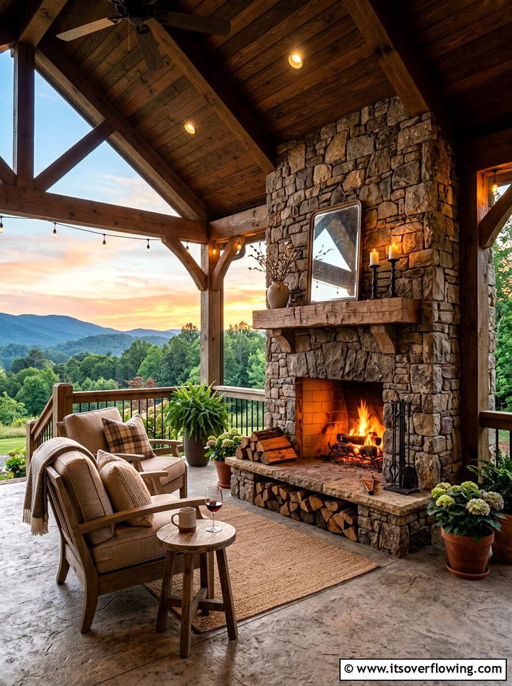 Outdoor stone fireplace - 25 front porch ideas with concrete floor