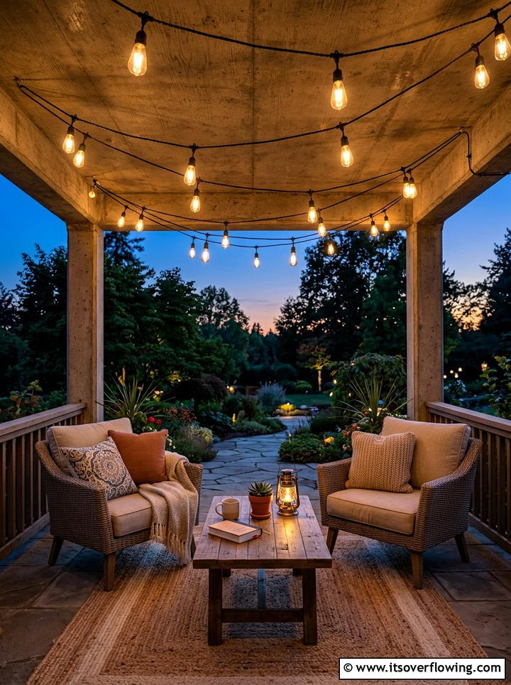 Outdoor string lights - 25 front porch ideas with concrete floor