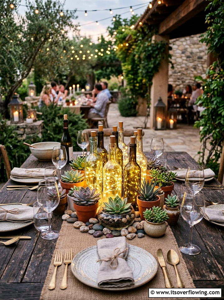 Outdoor table bottle centerpiece - 25 garden decor ideas with bottle lights