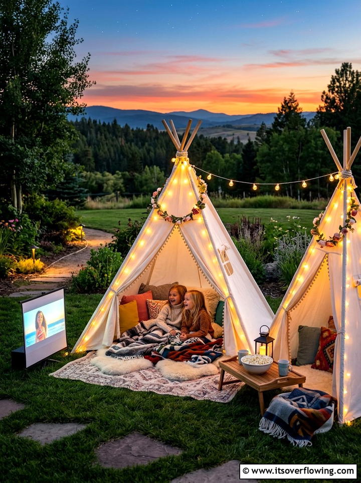Outdoor teepee for kids - 25 backyard ideas with outdoor movie setup