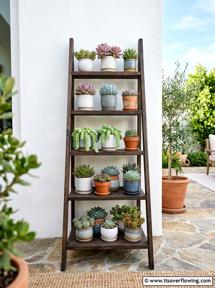 Outdoor tiered succulent display - 25 upcycled garden ideas with ladder shelves