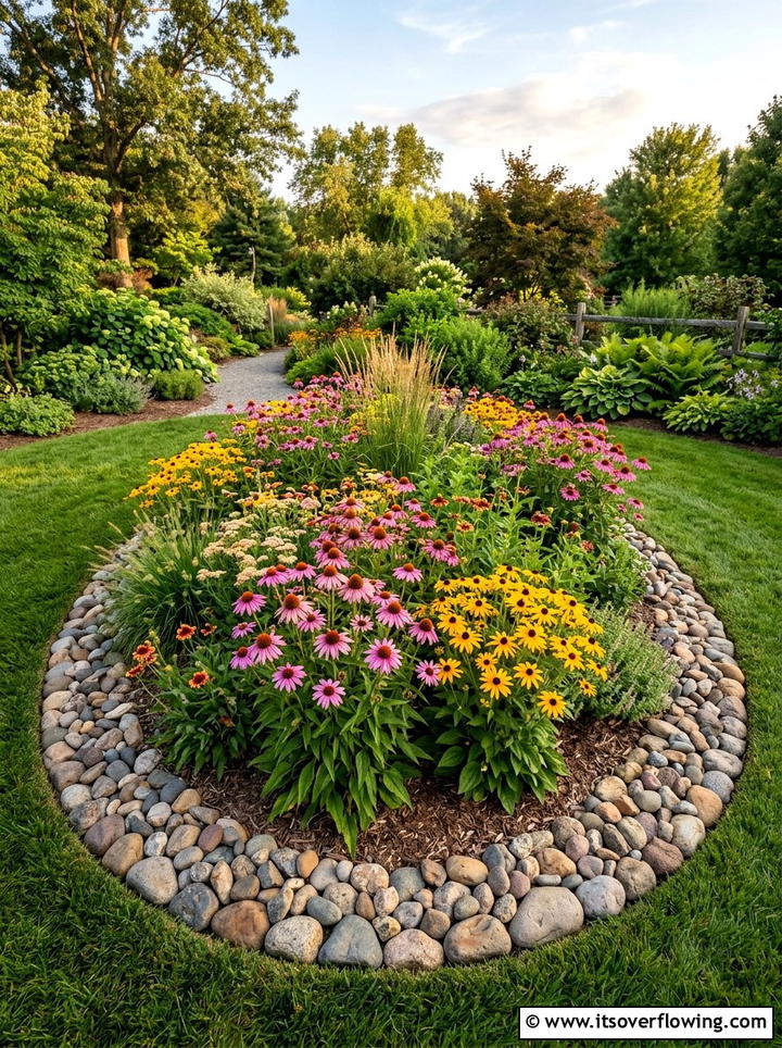 Oval stone perennial bed - 25 creative garden ideas with geometric beds