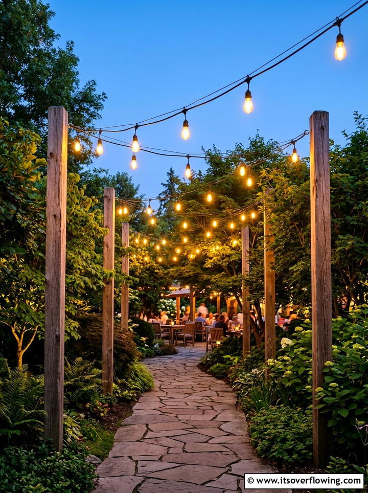 Overhead String Lighting - 25 backyard ideas with path lighting