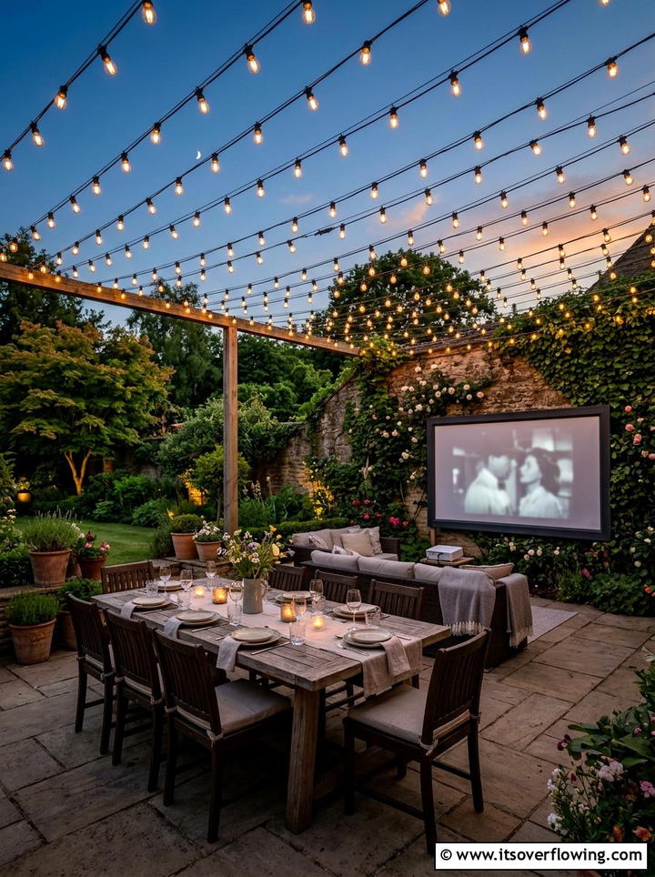 Overhead patio string lights - 25 backyard ideas with outdoor movie setup