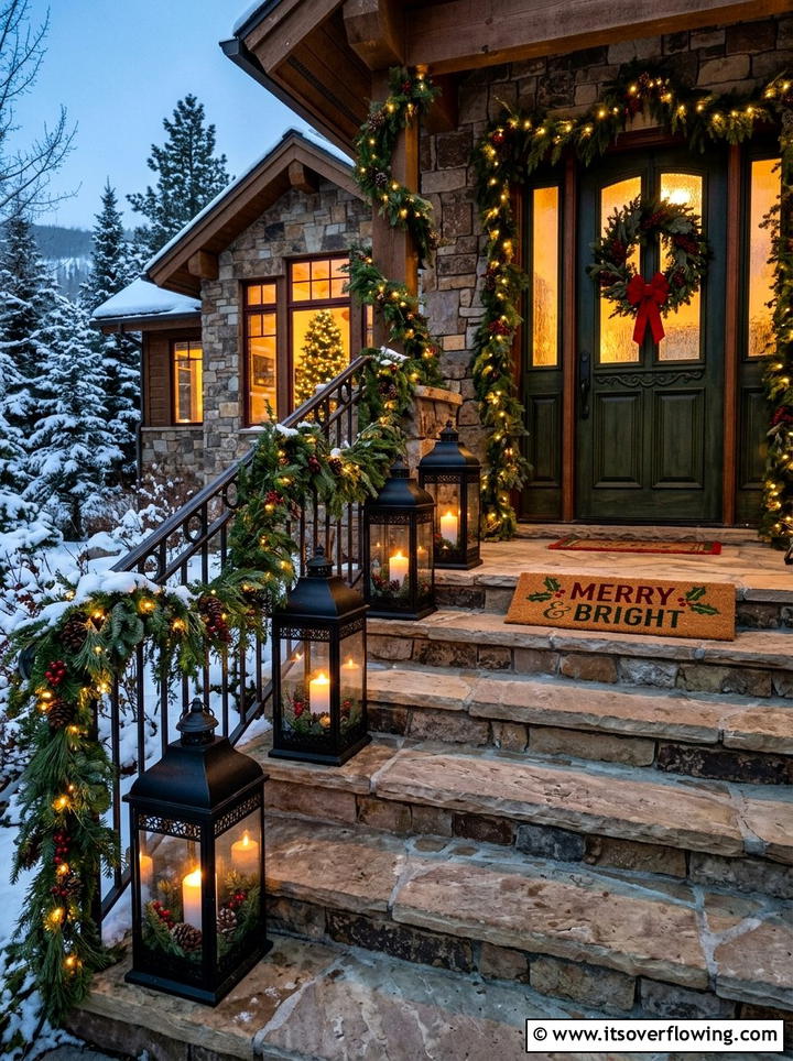 Oversized lanterns on porch steps - 25 front porch ideas with holiday doormat