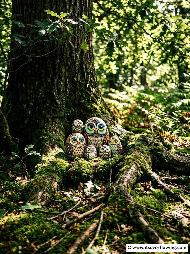 Owl rock tree art - 25 garden decor ideas with painted rocks