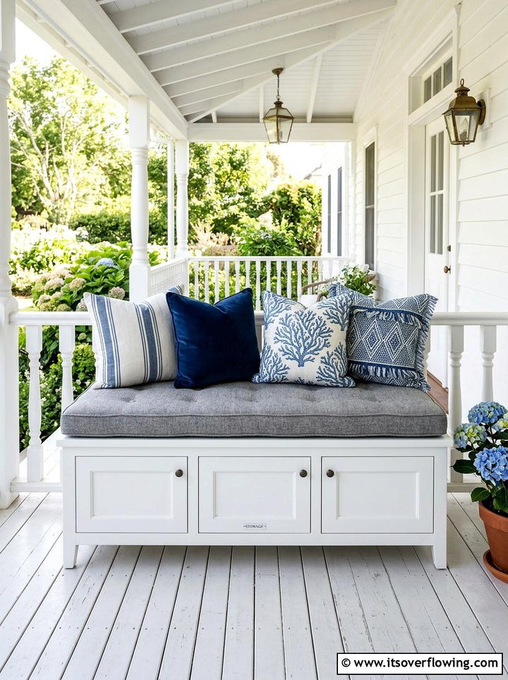 Padded Storage Bench With Throw Pillows - 25 front porch ideas with storage bench