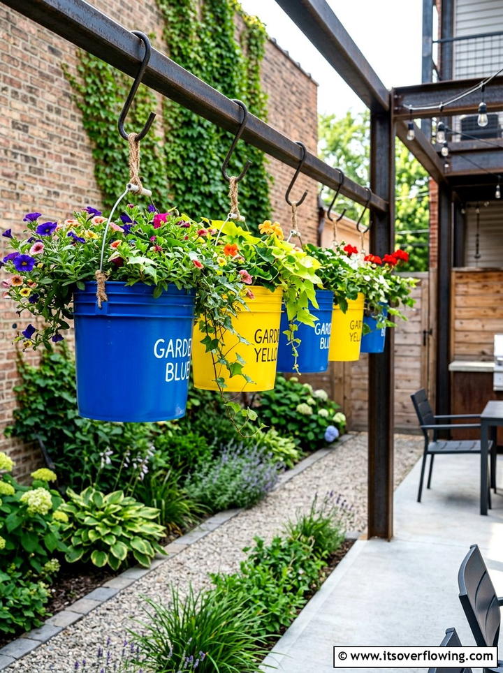Paint bucket hanging baskets colorful garden - 25 cheap garden ideas with hanging baskets