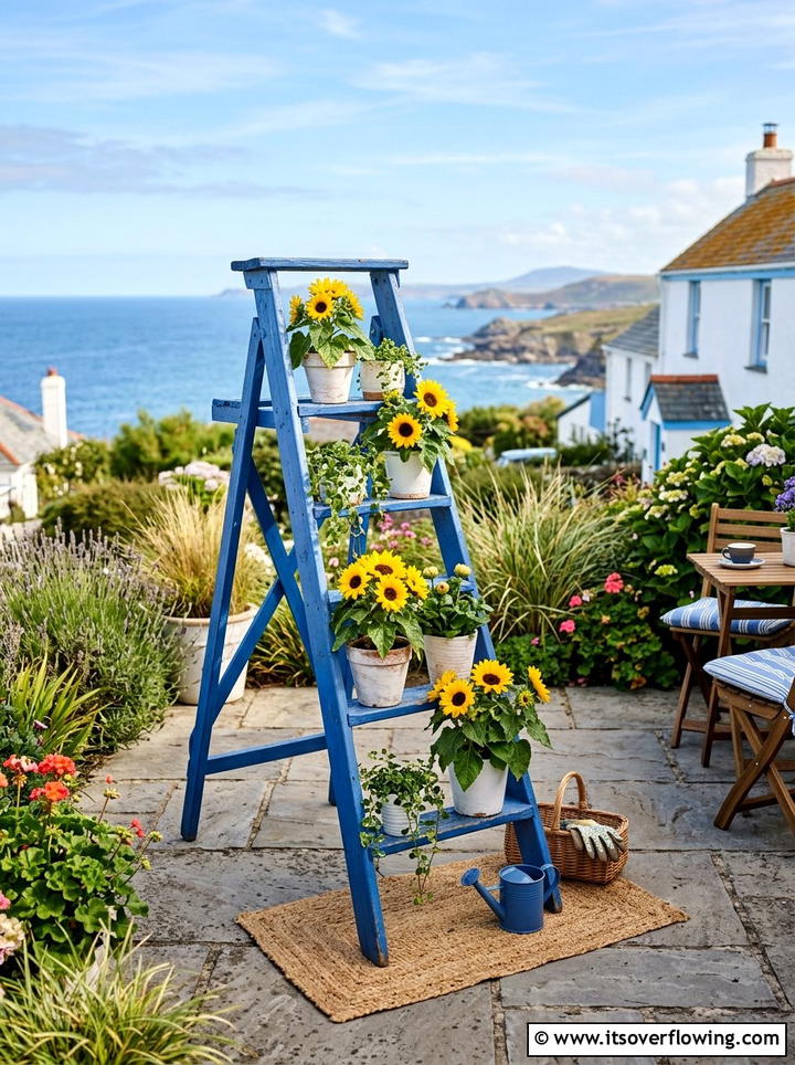 Painted Blue Garden Ladder - 25 backyard ideas with old ladder planter