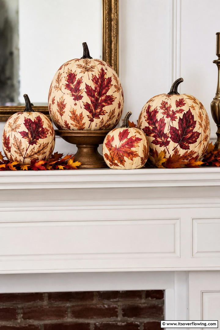 Painted Botanical Leaf Pumpkins - 50 Fall Pumpkin Decor Ideas for Cozy Autumn Homes Today