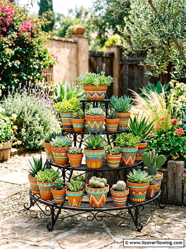 Painted Clay Pot Display - 25 garden ideas with terracotta crafts