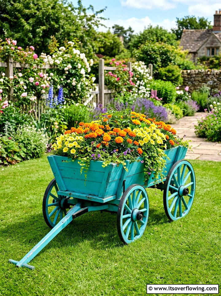 Painted Colorful Garden Wagon - 25 upcycled garden ideas with old wagons