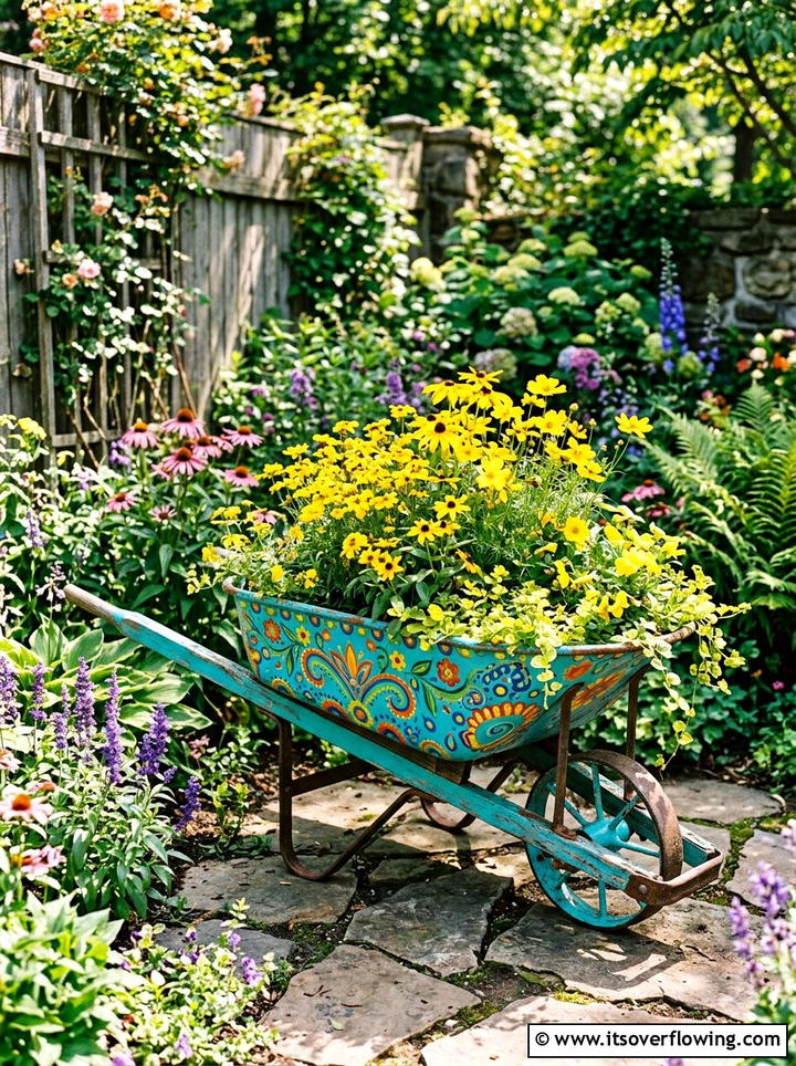 Painted Colorful Wheelbarrow Planter - 25 garden decor ideas with wheelbarrows