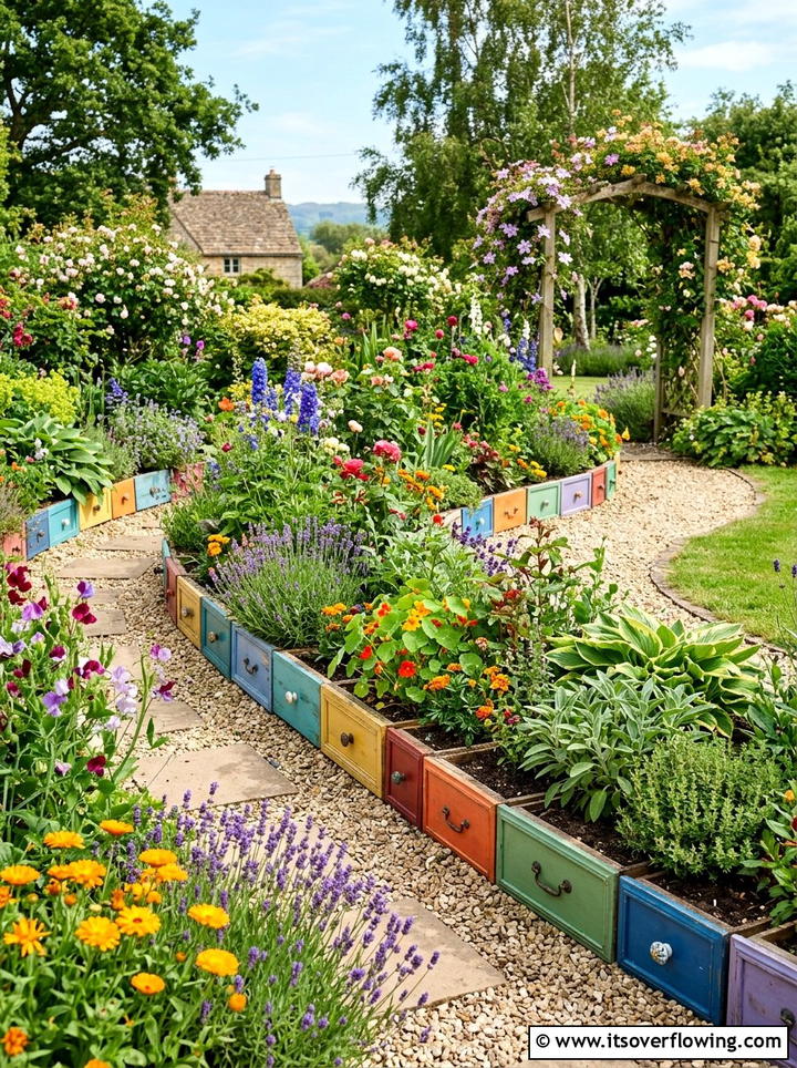 Painted Drawer Edge Garden - 25 upcycled garden ideas with old drawers