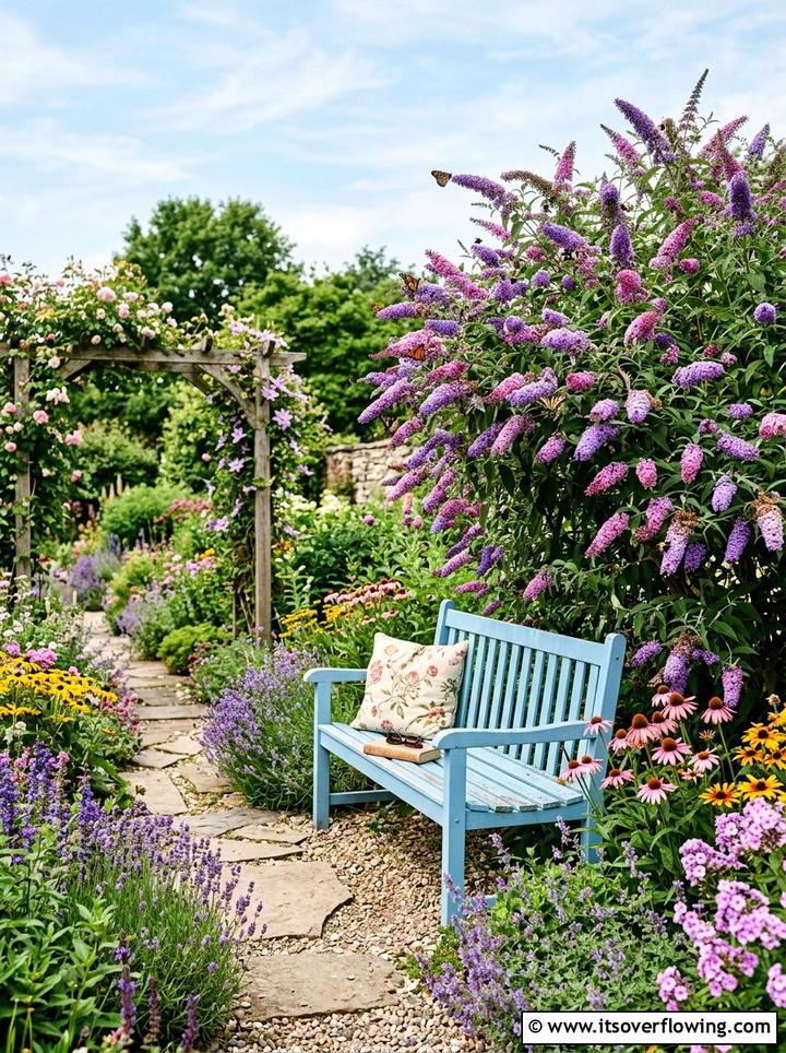 Painted Garden Bench Near Bloom - 25 garden decor ideas for pollinator gardens