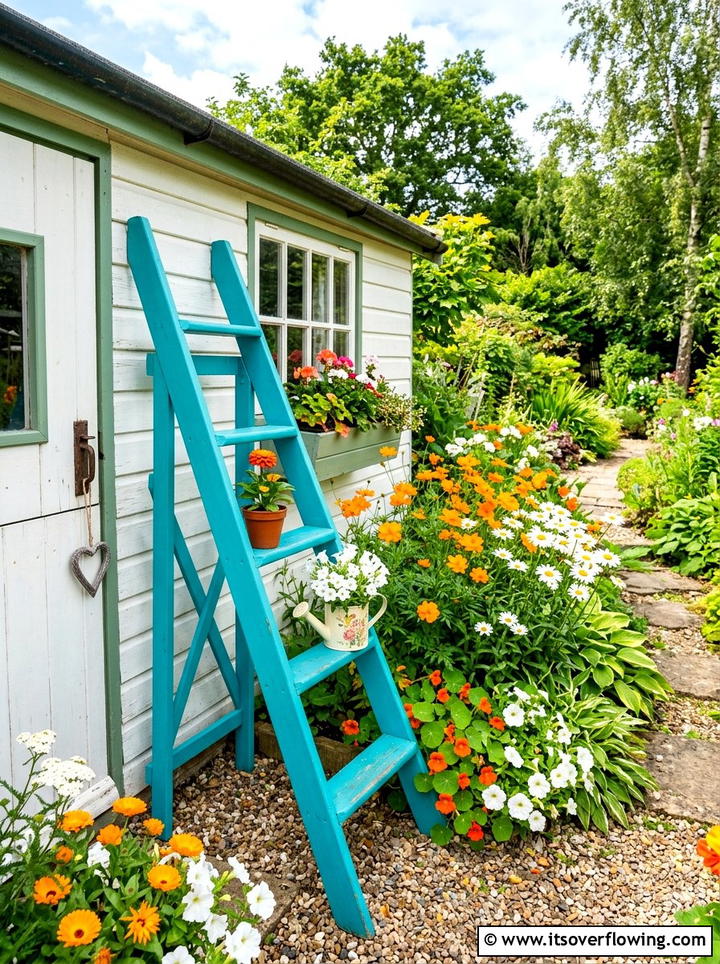 Painted Garden Ladder - 25 garden decor ideas with ladder plant stands