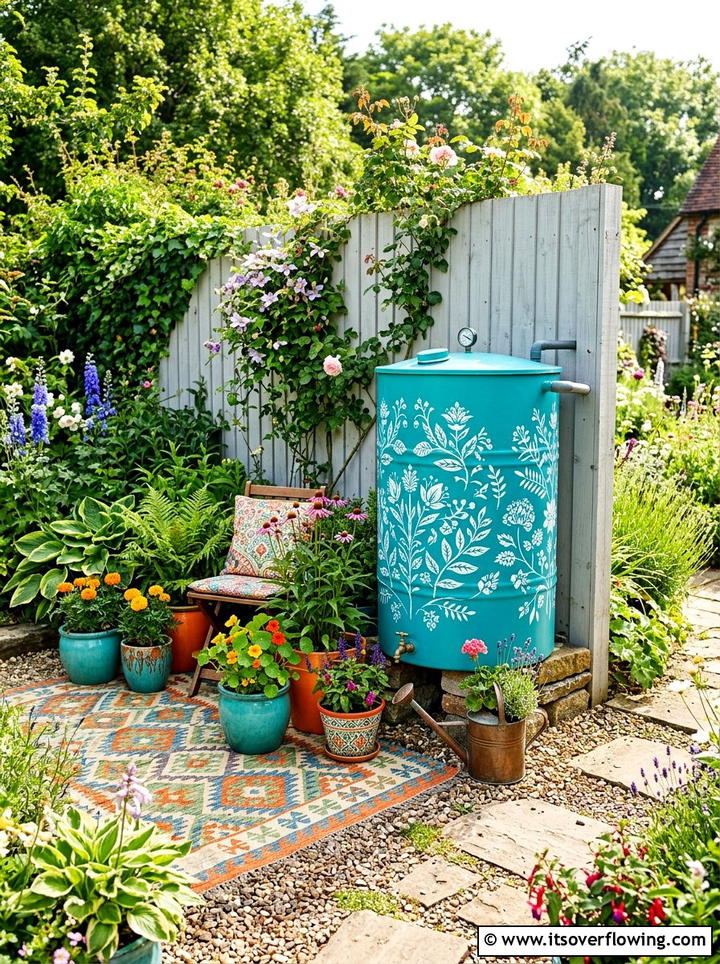 Painted Garden Water Tank - 25 upcycled garden ideas with rain barrels