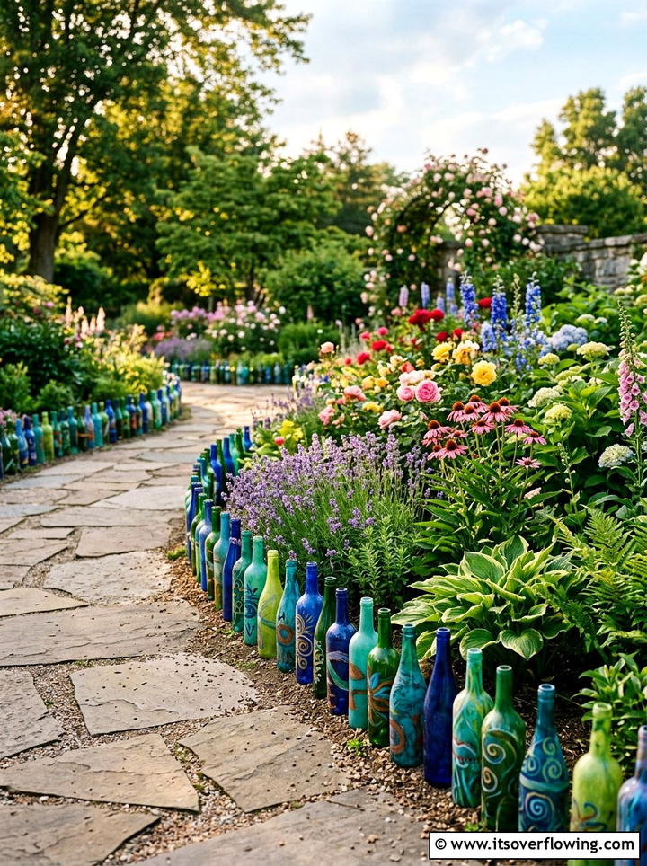 Painted Glass Bottle Border - 25 recycled garden ideas for front yard decor