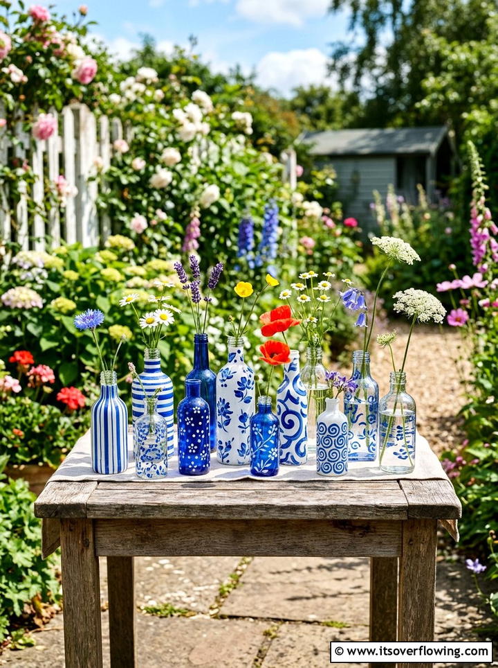Painted Glass Bottle Vase - 25 recycled garden ideas with recycled glass art