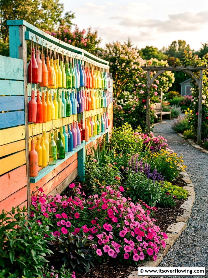 Painted Hanging Bottle Wall - 25 recycled garden ideas with hanging bottle planters