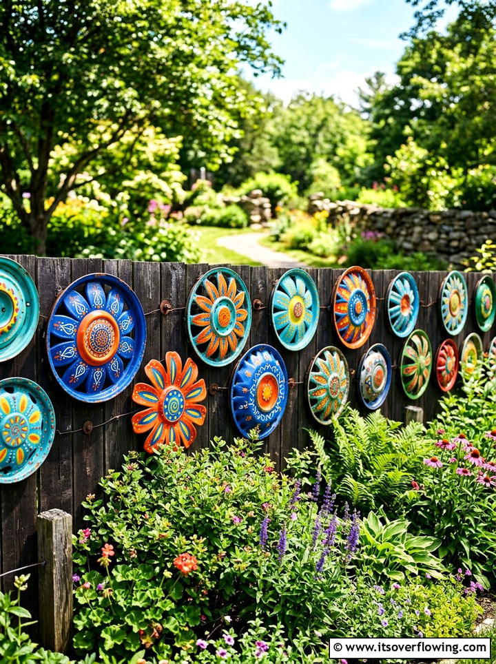 Painted Hubcap Flower - 25 reusing old things ideas for fence decor