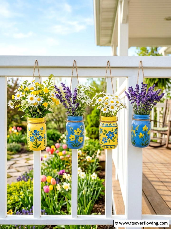Painted Jar Flower Vases - 25 garden decor ideas with hanging jars