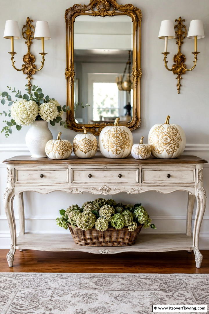 Painted Lace Pattern Pumpkins - 50 Fall Pumpkin Decor Ideas for Cozy Autumn Homes Today