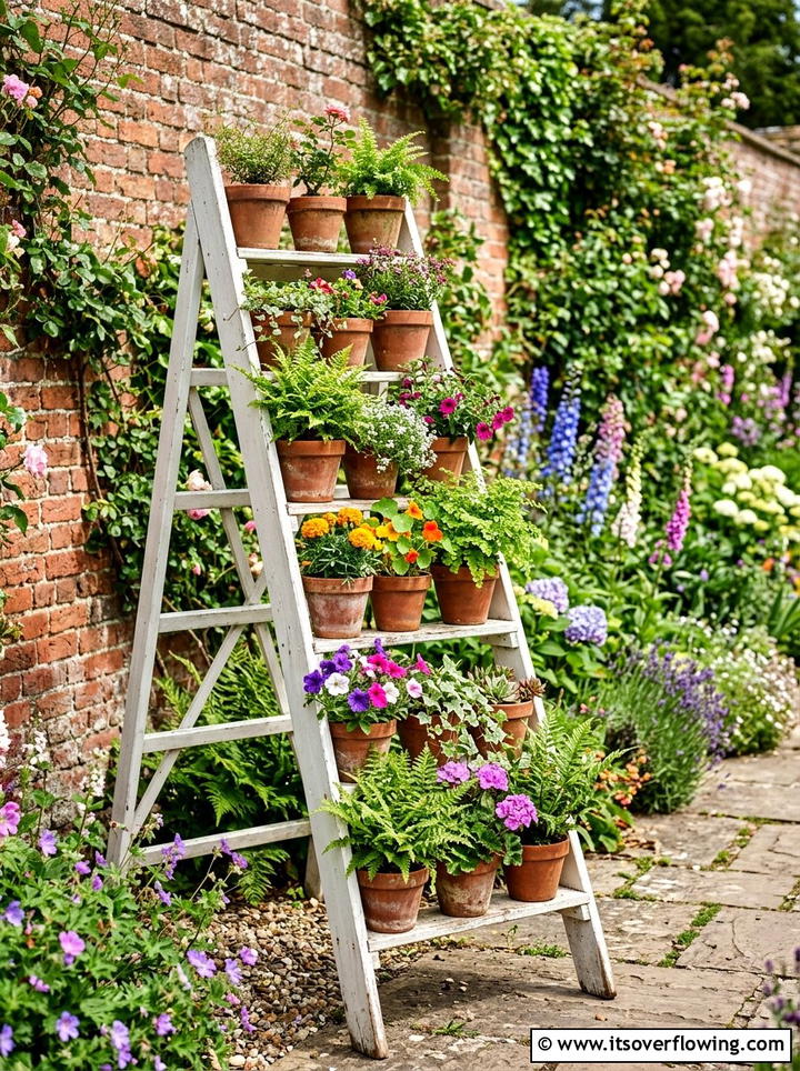 Painted Ladder Plant Stand - 25 recycled garden ideas for patio decor