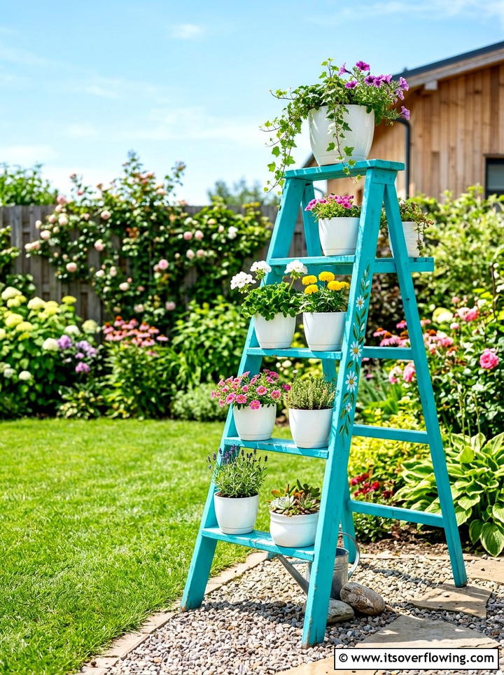 Painted Ladder Yard Decor - 25 backyard decorating ideas with vintage ladders