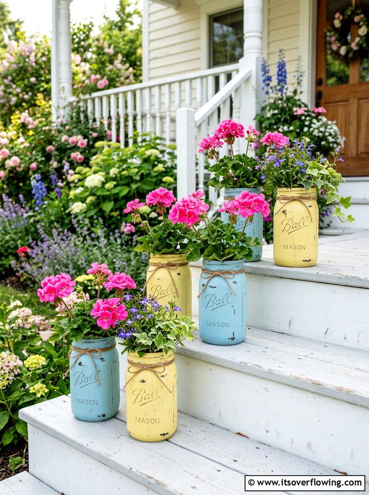 Painted Mason Jar Flower Pot - 25 garden decor ideas with mason jars