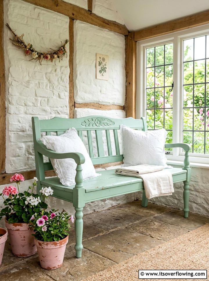 Painted Mint Green Bench - 25 front porch ideas with bench seating