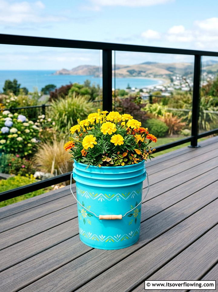 Painted Plastic Bucket Flower Pot - 25 recycled garden ideas with buckets