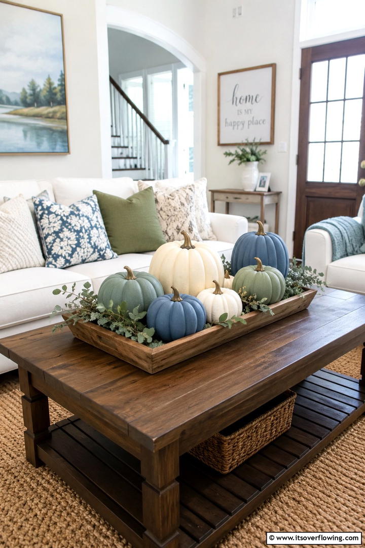 Painted Pumpkin Displays - 50 Living Room Fall Decor Ideas for Cozy Autumn Updates