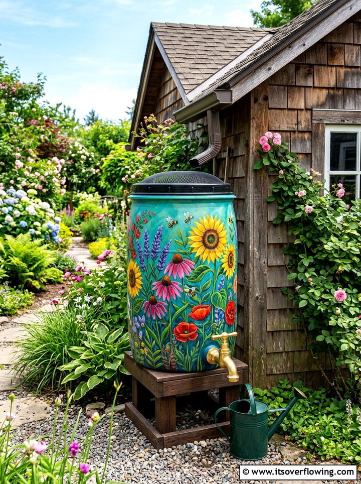 Painted Rain Barrel - 25 garden decor ideas diy
