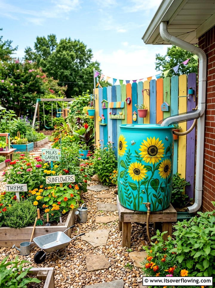 Painted Rain Barrel For Colorful Backyard - 25 backyard ideas with rain barrel setup
