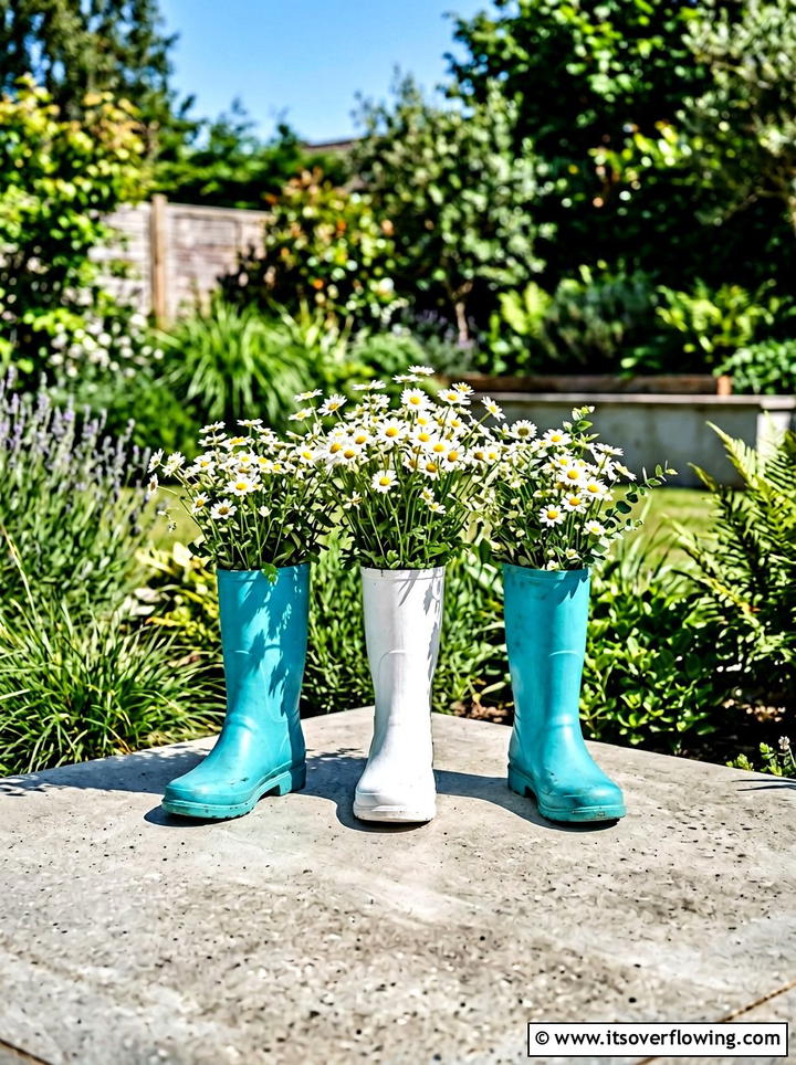 Painted Rubber Boot Arrangement - 25 upcycled garden ideas with old boots