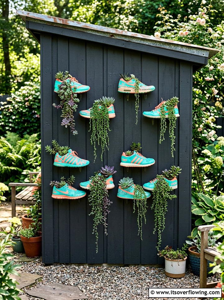 Painted Sneaker Wall Planter - 25 creative garden ideas with shoe planter wall