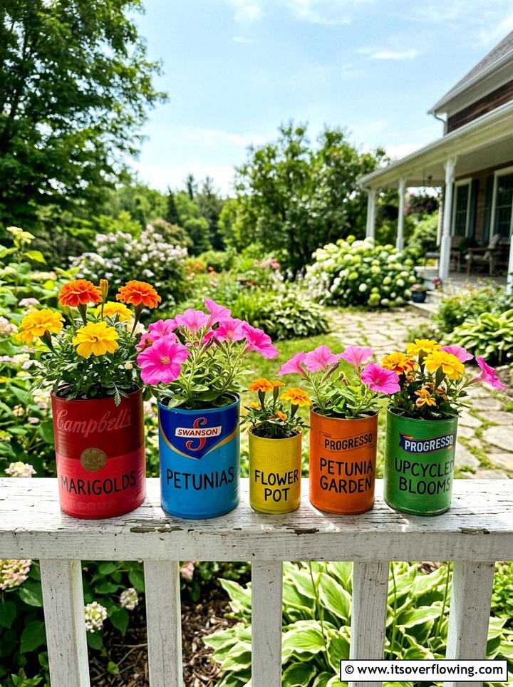 Painted Soup Can Planter - 25 upcycled garden ideas with old cans