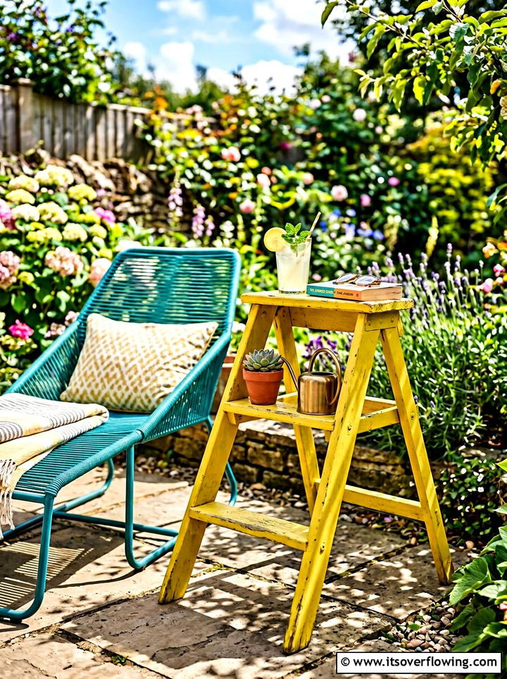 Painted Step Ladder Side Table - 25 front porch ideas with repurposed ladders