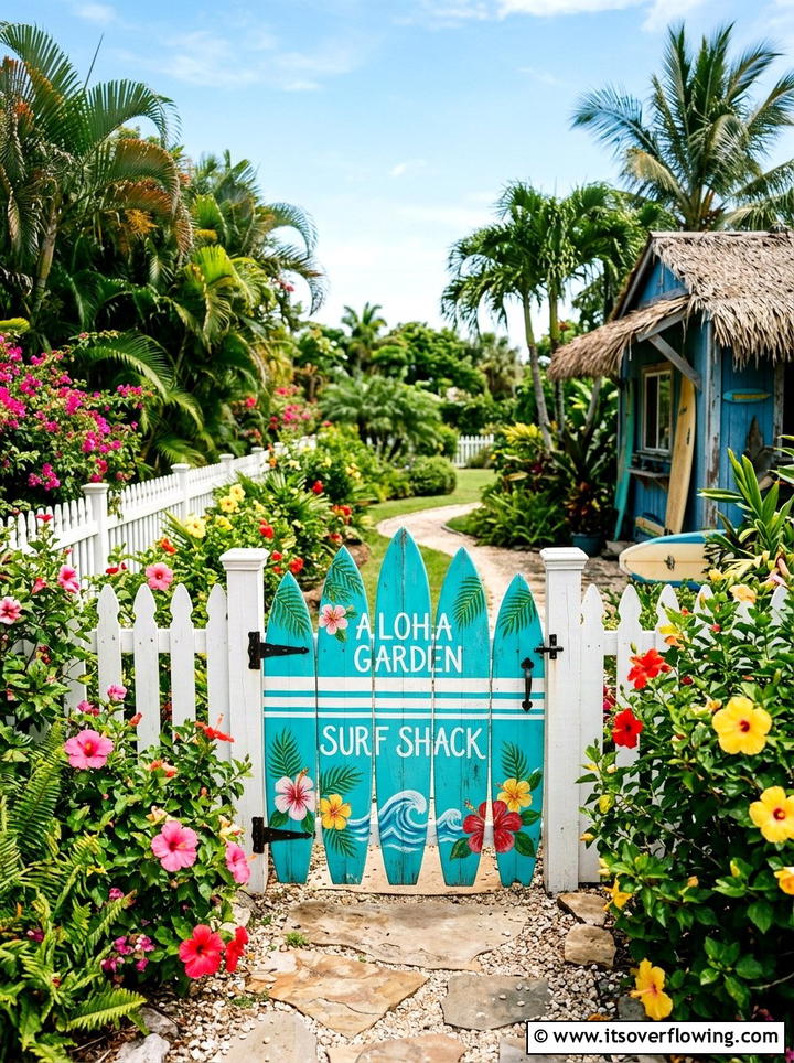 Painted Surfboard Garden Gate - 25 upcycled garden ideas with coastal style