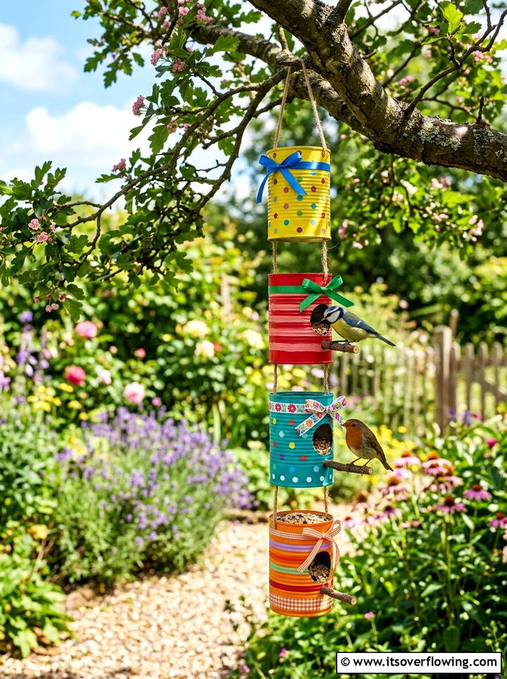 Painted Tin Can Bird Feeder - 25 upcycled garden ideas with bird feeders