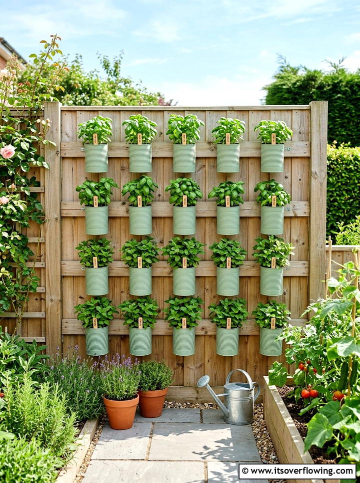 Painted Tin Can Herb Wall - 25 upcycled garden ideas with modern style