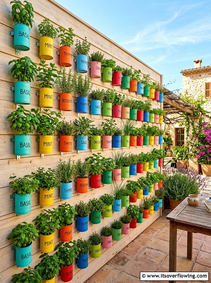 Painted Tin Can Wall - 25 upcycled garden ideas with herb planters
