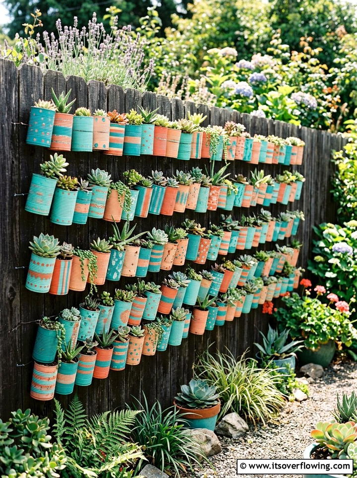 Painted Tin Can Wall - 25 recycled garden ideas with gutter garden