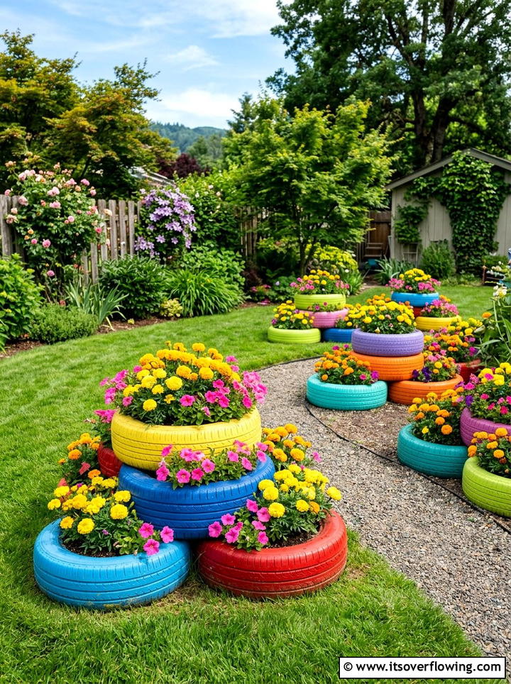 Painted Tire Flower Bed - 25 cheap garden ideas with simple planters