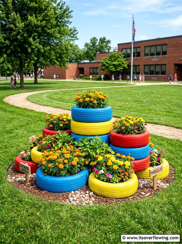 Painted Tire Garden - 25 upcycled garden ideas for schools