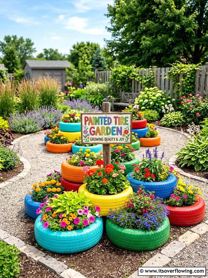 Painted Tire Garden - 25 upcycled garden ideas with garden signs