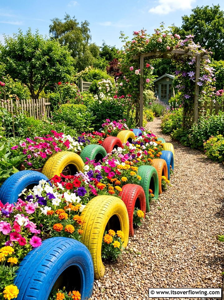 Painted Tire Garden Border - 25 upcycled garden ideas with garden edging